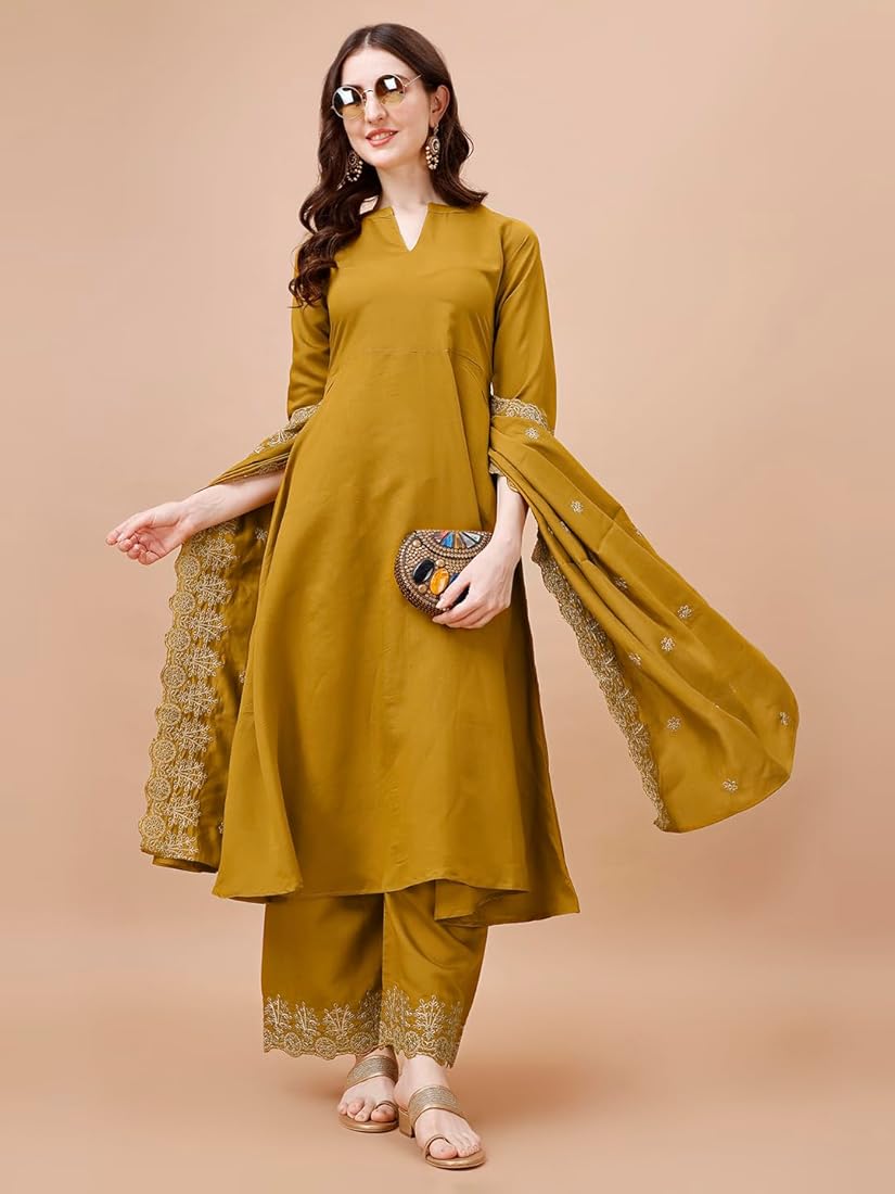 Silk Embroidered Anarkali Kurta Palazzo Set with Dupatta #236