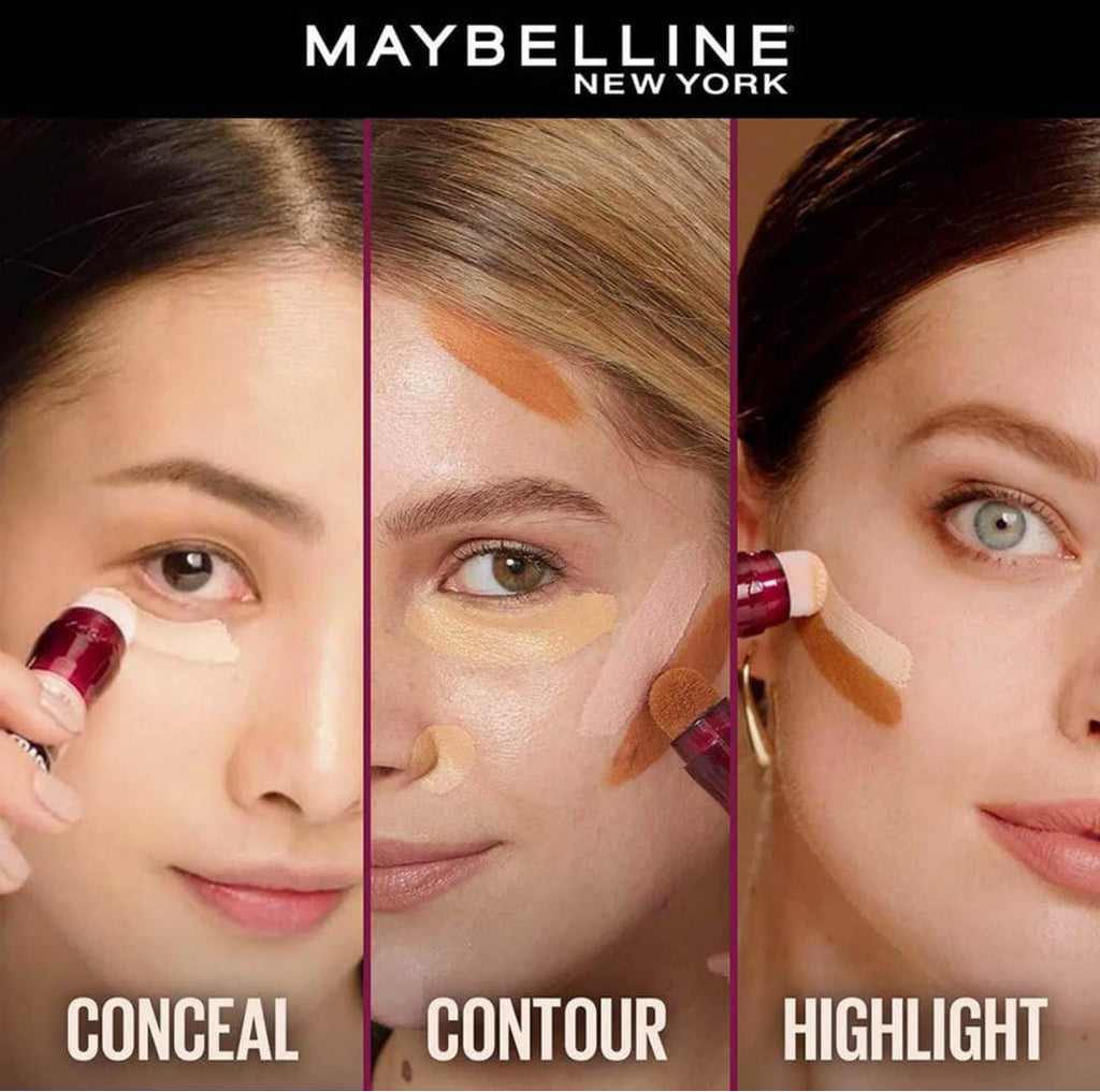 Three women applying makeup with Maybelline products labeled 'Conceal', 'Contour', and 'Highlight'.