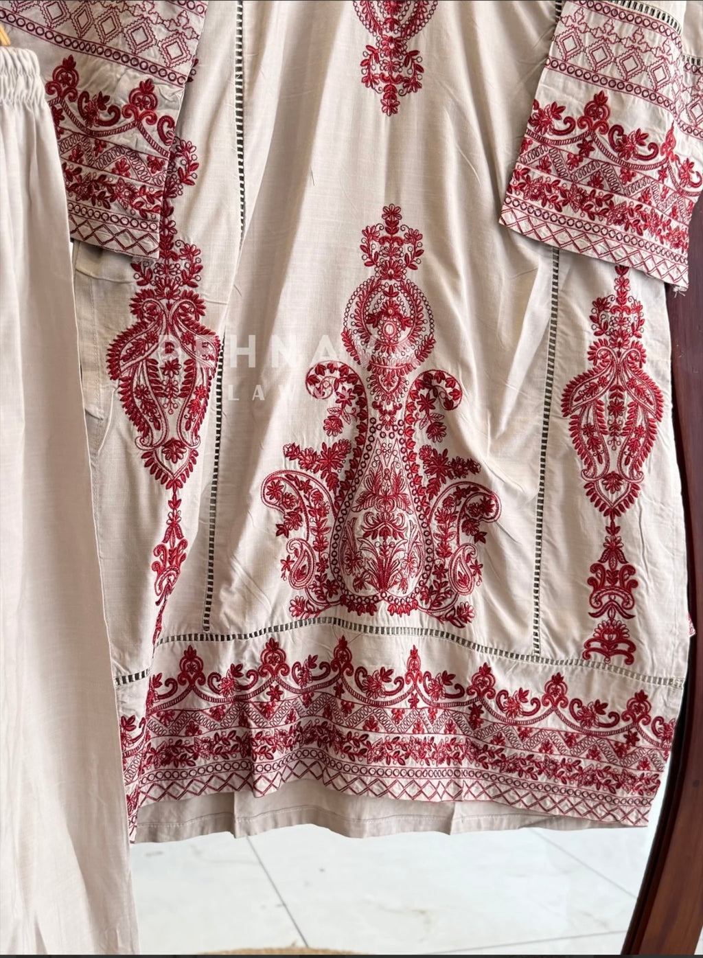 Red embroidered three piece kurtha set #272