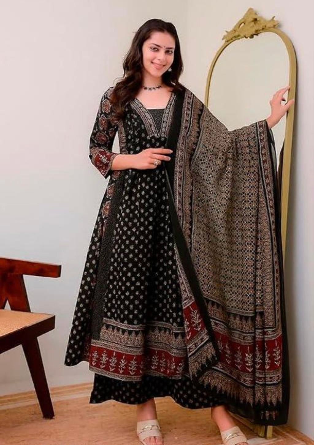 Black A-line black kurthi palazzo dupatta set | #250