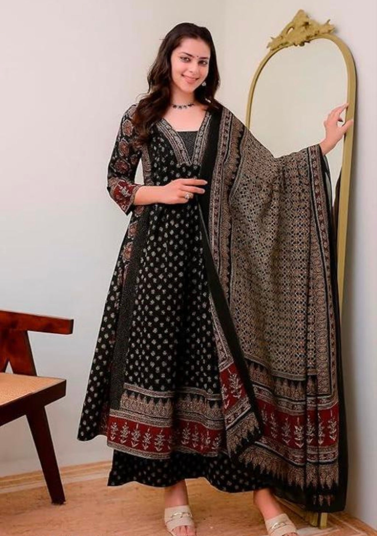 Black A-line black kurthi palazzo dupatta set | #250