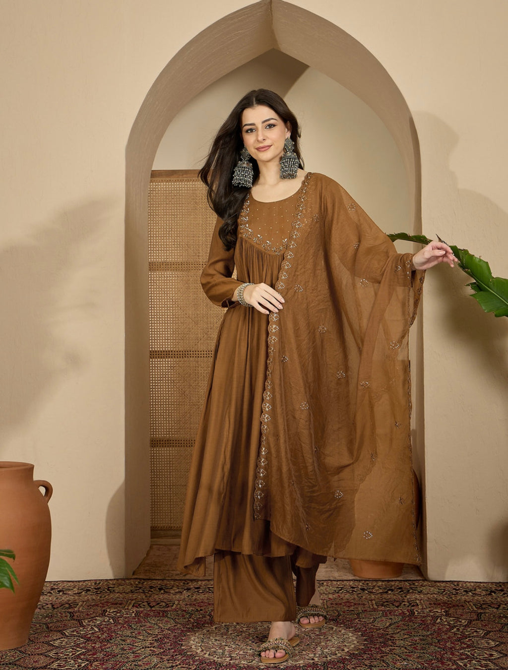 Sangria MochaMouse MalChanderi Sequence Thread Work Kurta palazzo Dupatta Embroidered Kurta, Palazzo & Dupatta set