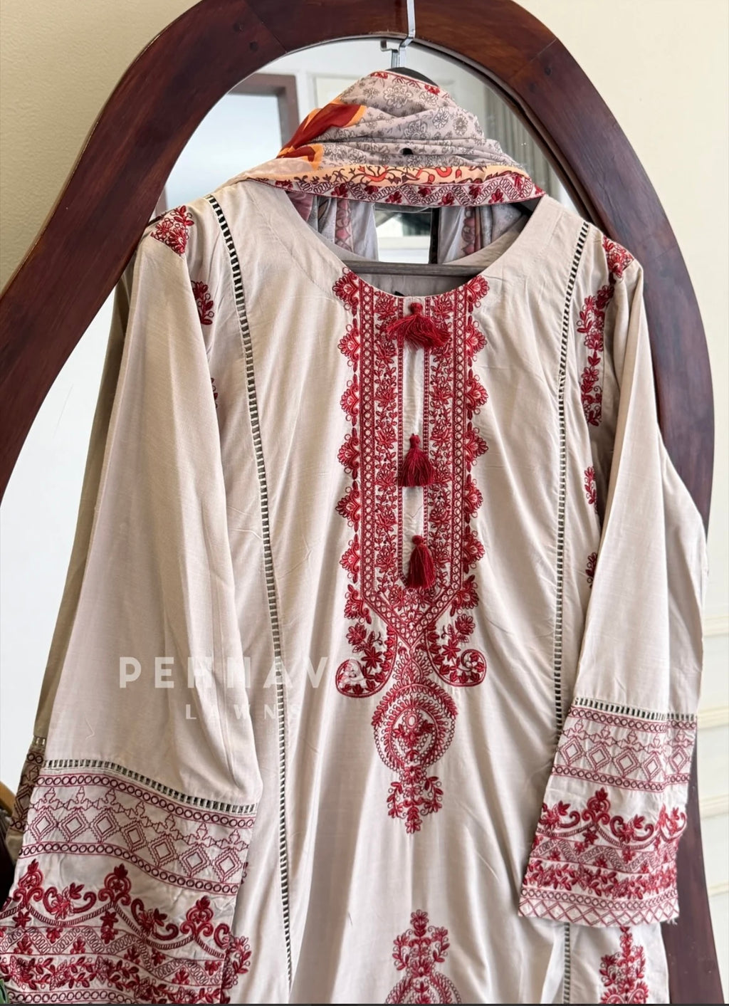 Red embroidered three piece kurtha set #272