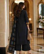 Pure cotton black mirror embroidery and applique printed A line kurtha set #255