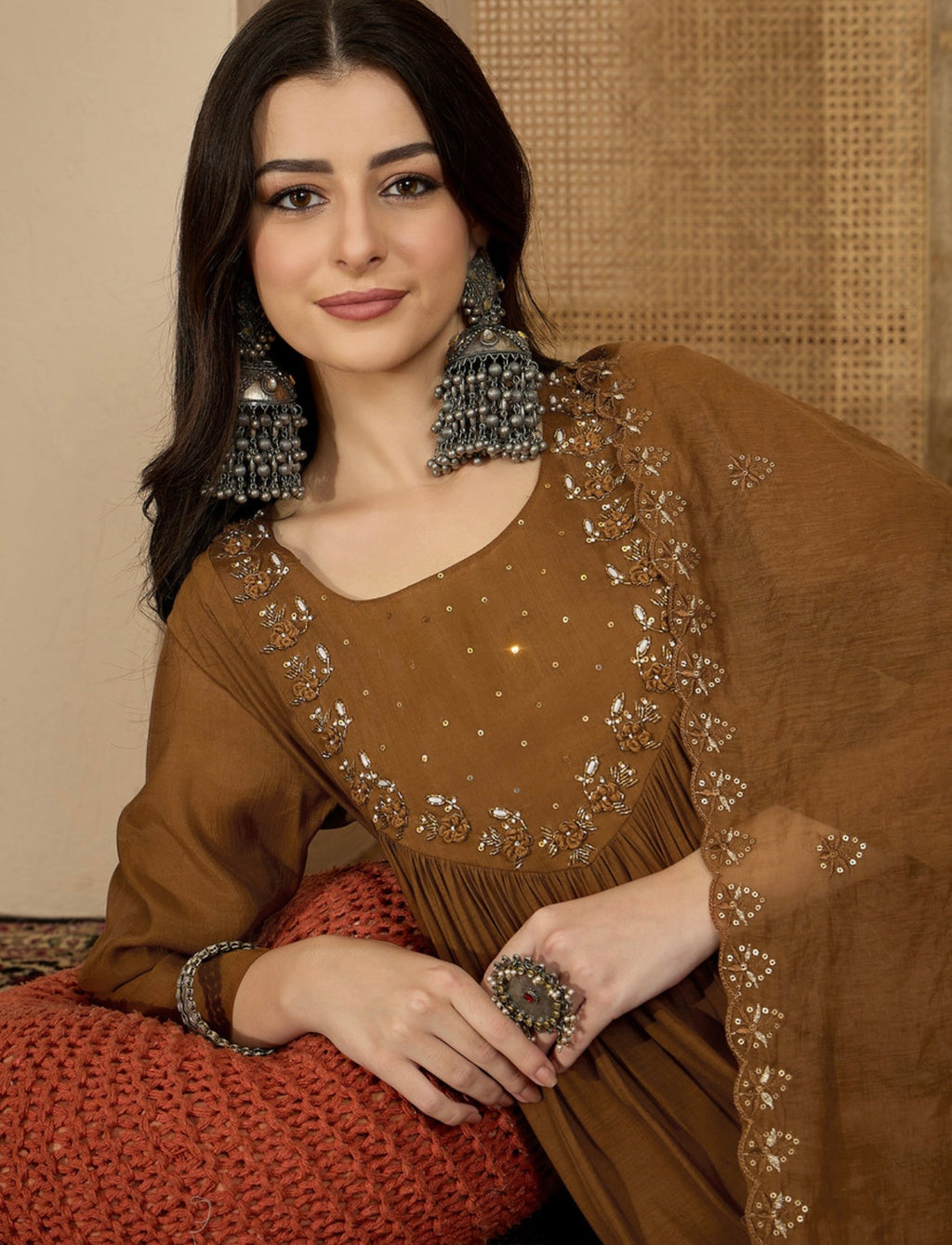 Sangria MochaMouse MalChanderi Sequence Thread Work Kurta palazzo Dupatta Embroidered Kurta, Palazzo & Dupatta set