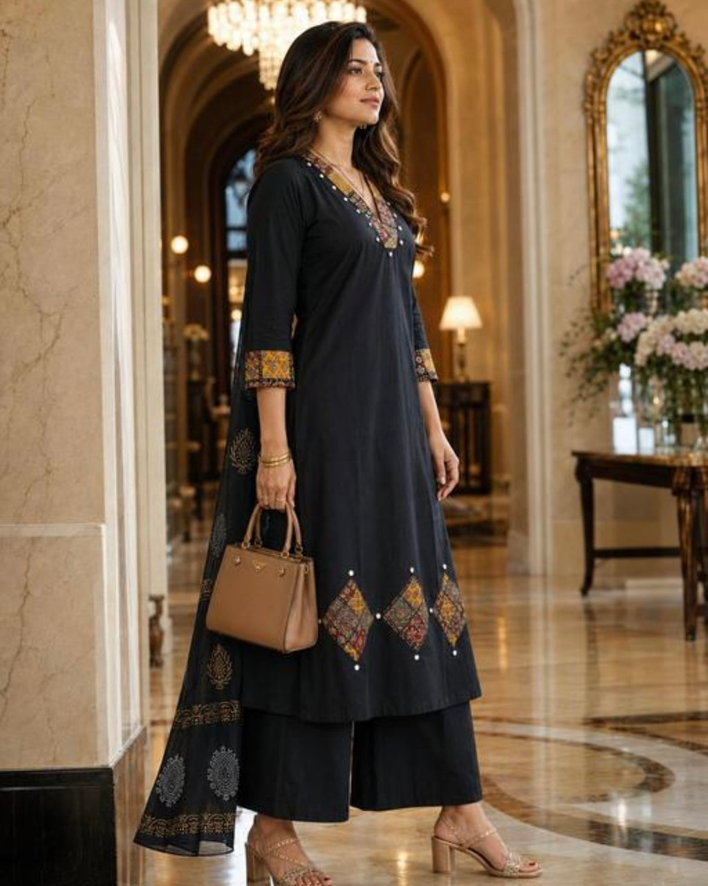 Pure cotton black mirror embroidery and applique printed A line kurtha set #255