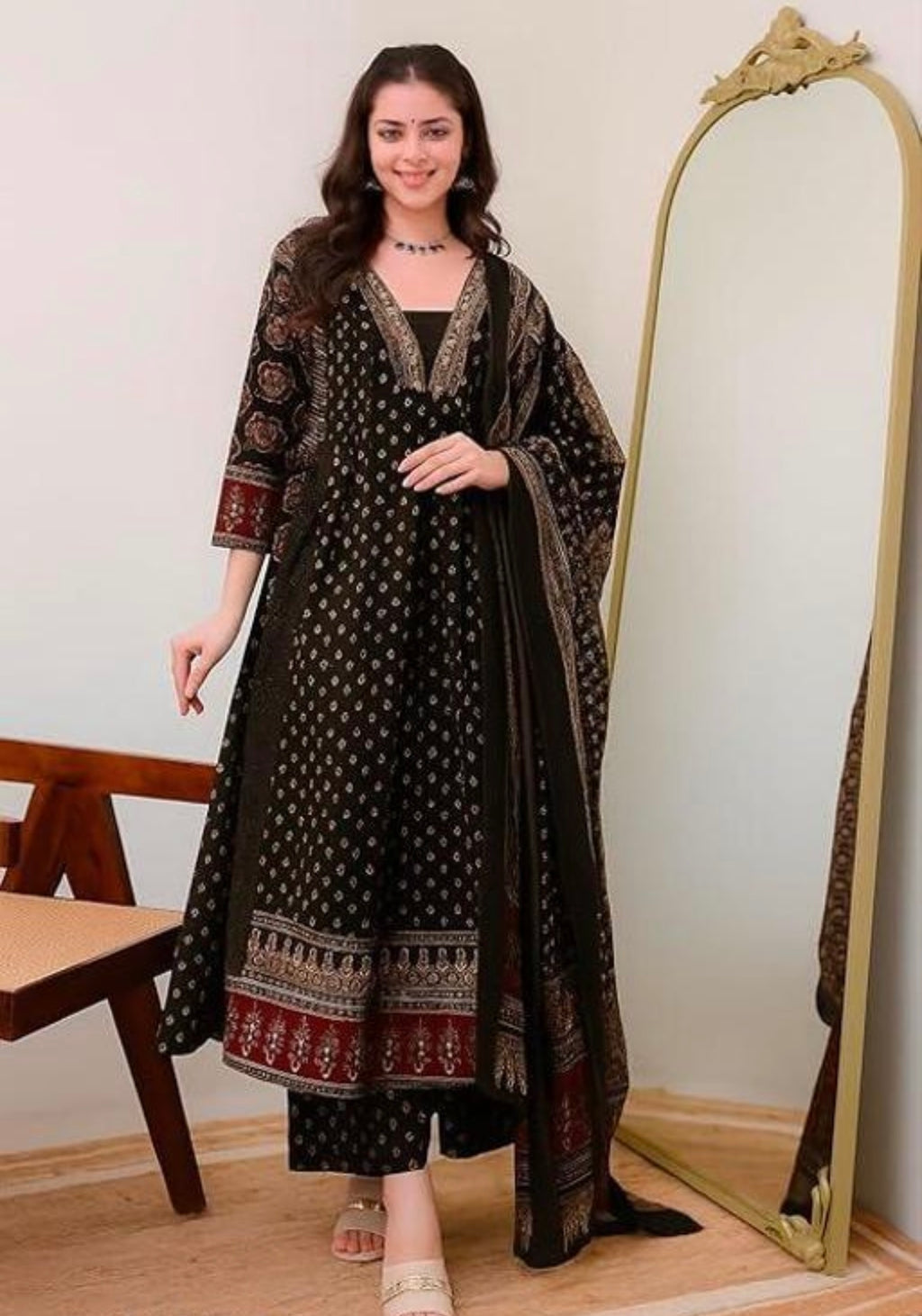 Black A-line black kurthi palazzo dupatta set | #250