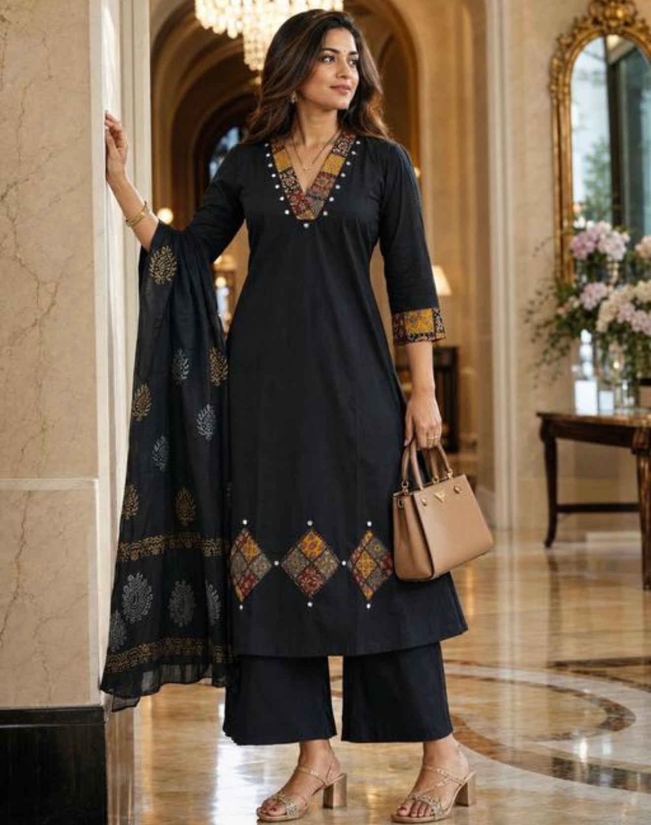 Pure cotton black mirror embroidery and applique printed A line kurtha set #255