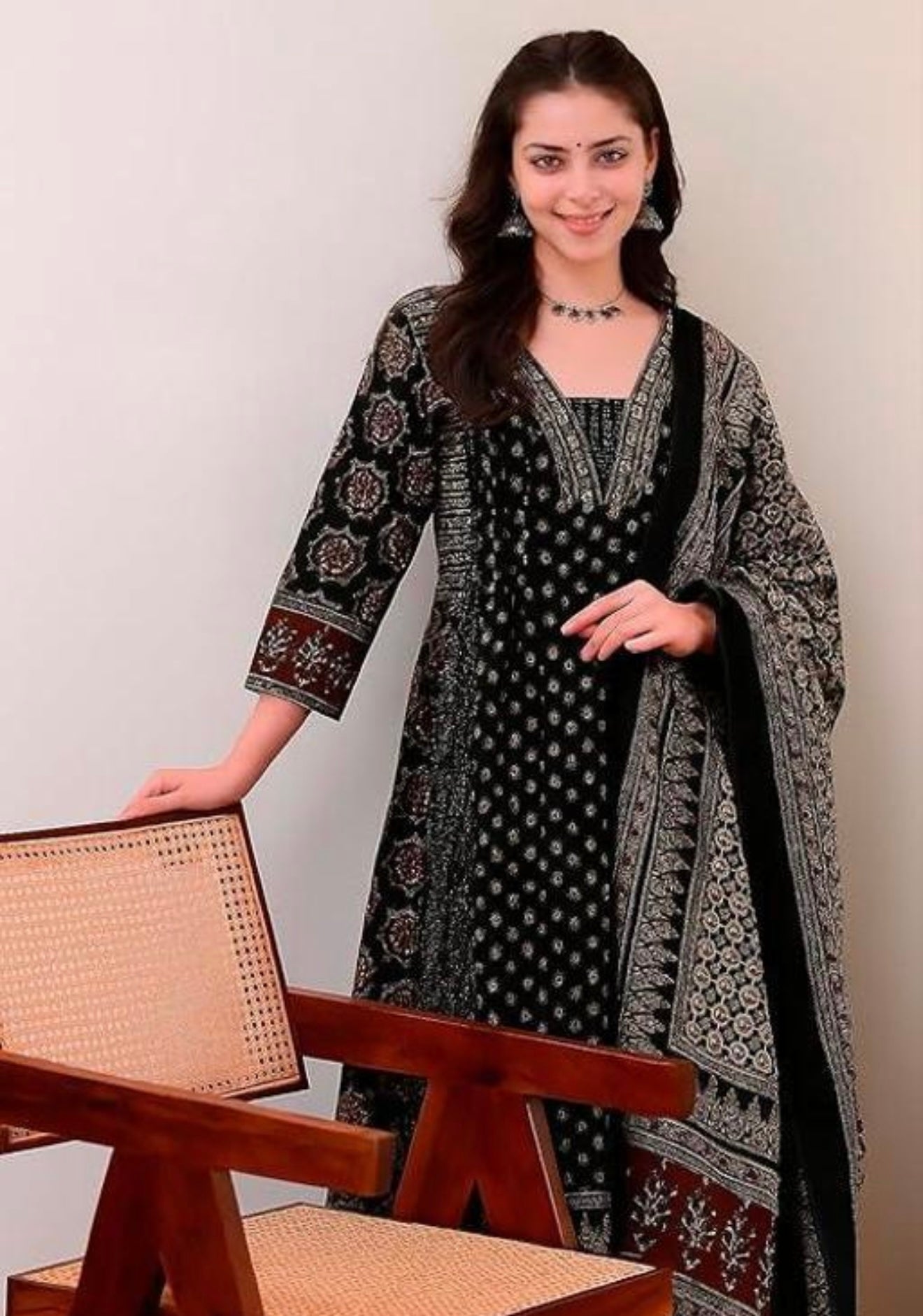 Black A-line black kurthi palazzo dupatta set | #250
