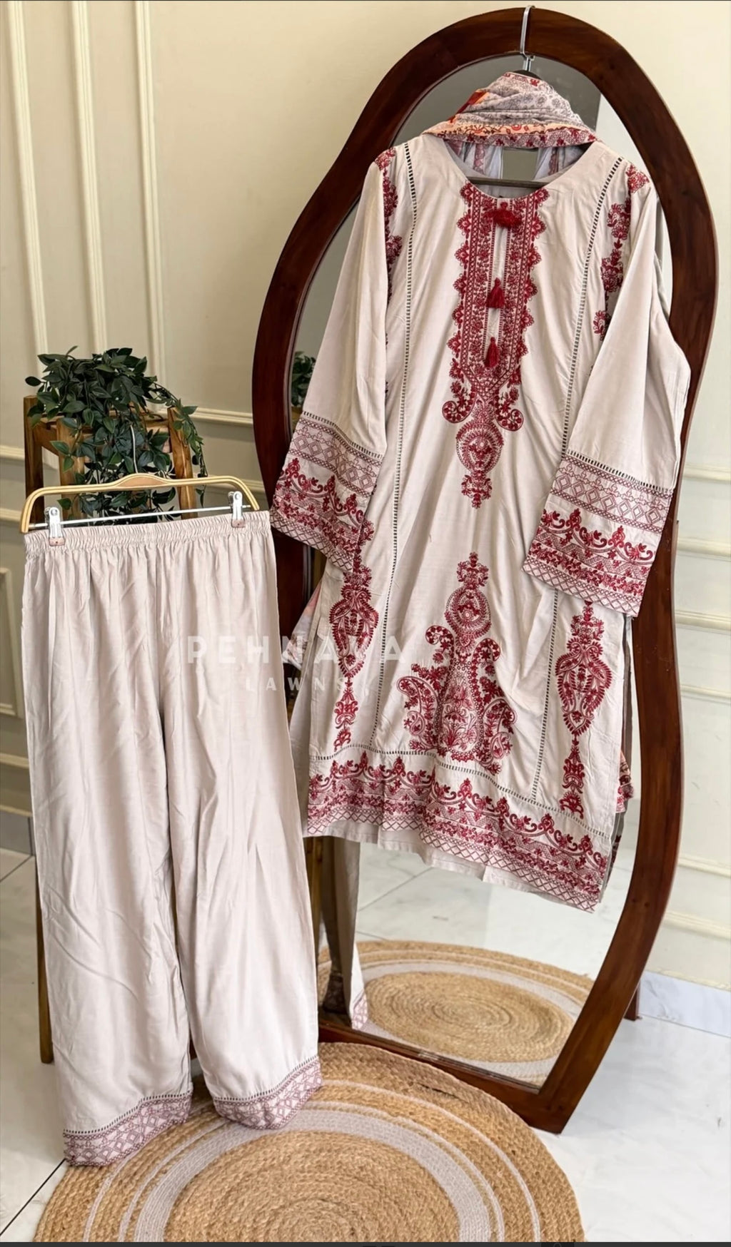 Red embroidered three piece kurtha set #272