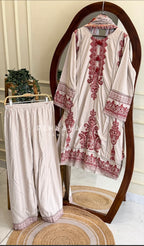 Red embroidered three piece kurtha set #272
