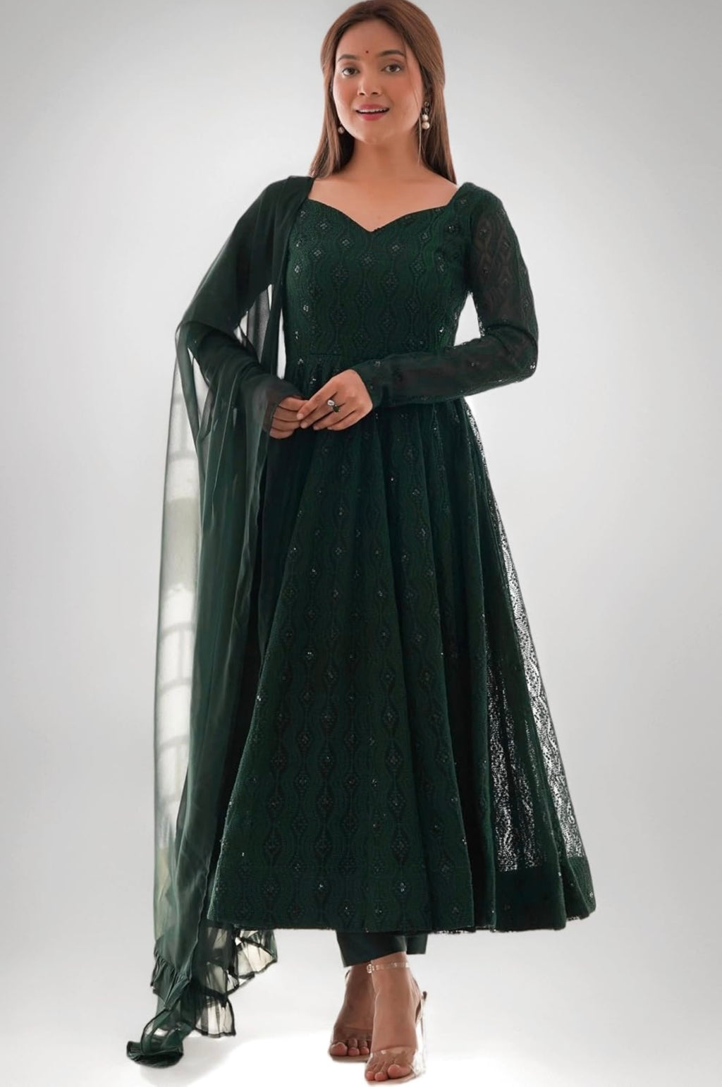 Womens Premium Fox Georgette Embroidered Round Kurta Set with Ruffle Dupatta and Stitched Pant Fully Stitched Traditional
Ethnic Wear | #283