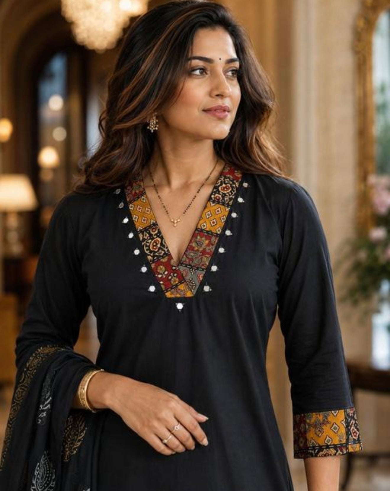 Pure cotton black mirror embroidery and applique printed A line kurtha set #255