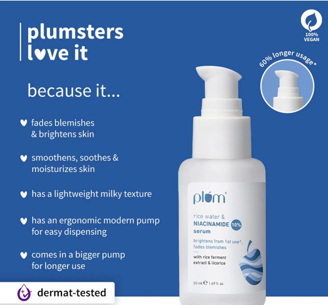 Plum. 10% Niacinamide Brightening Face Serum with Rice Water | 15 ML |30 ML | 50 ML |