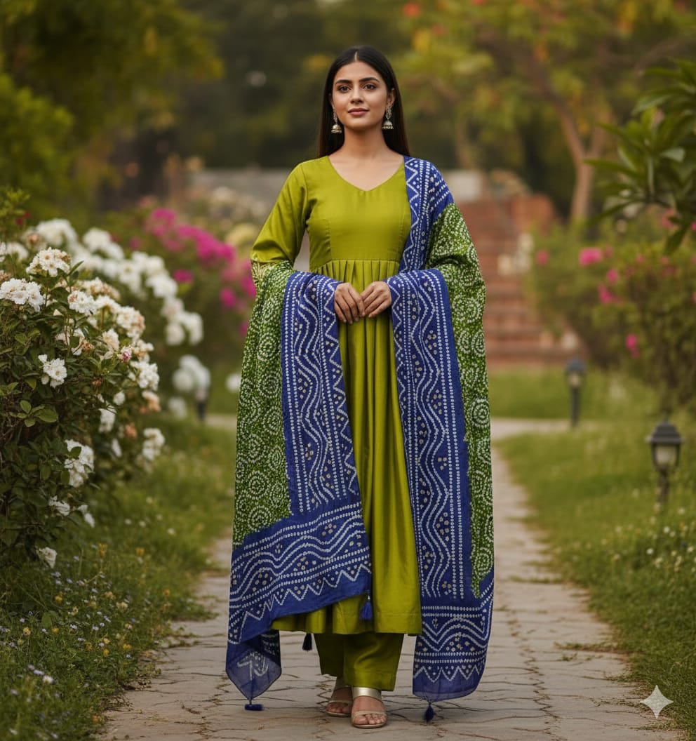 Mustard Green Suit set with Exquisite Embroidery