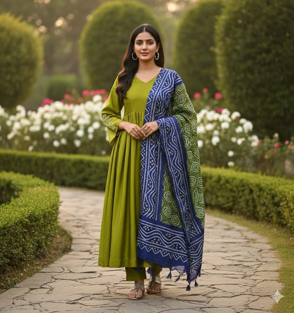 Mustard Green Suit set with Exquisite Embroidery