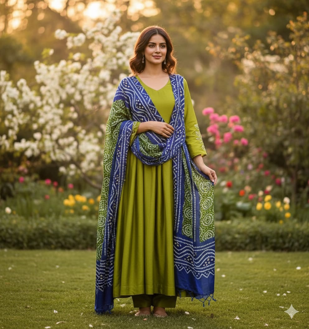 Mustard Green Suit set with Exquisite Embroidery