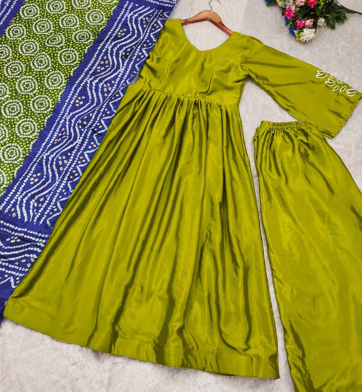 Mustard Green Suit set with Exquisite Embroidery