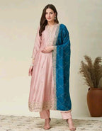 Silk Kurti Set with Floral Embroidery and Lace Detail