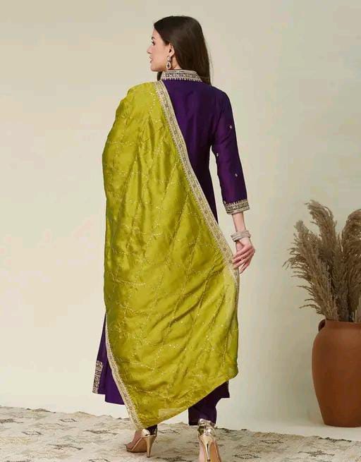 Silk Kurti Set with Floral Embroidery and Lace Detail