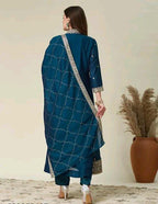 Silk Kurti Set with Floral Embroidery and Lace Detail