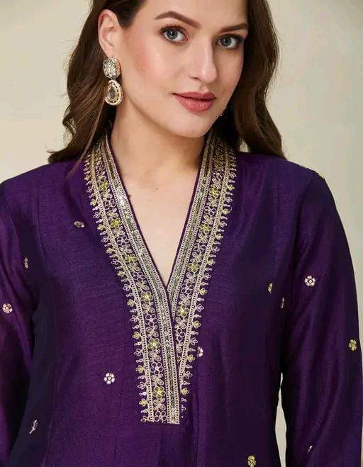 Silk Kurti Set with Floral Embroidery and Lace Detail