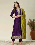 Silk Kurti Set with Floral Embroidery and Lace Detail