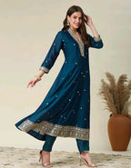 Silk Kurti Set with Floral Embroidery and Lace Detail