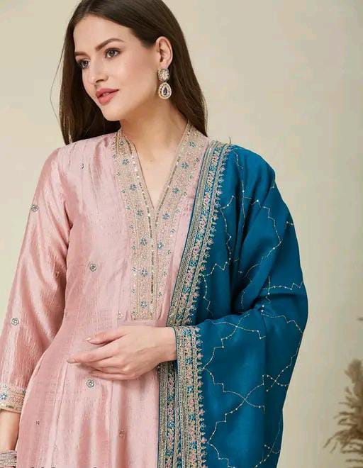 Silk Kurti Set with Floral Embroidery and Lace Detail