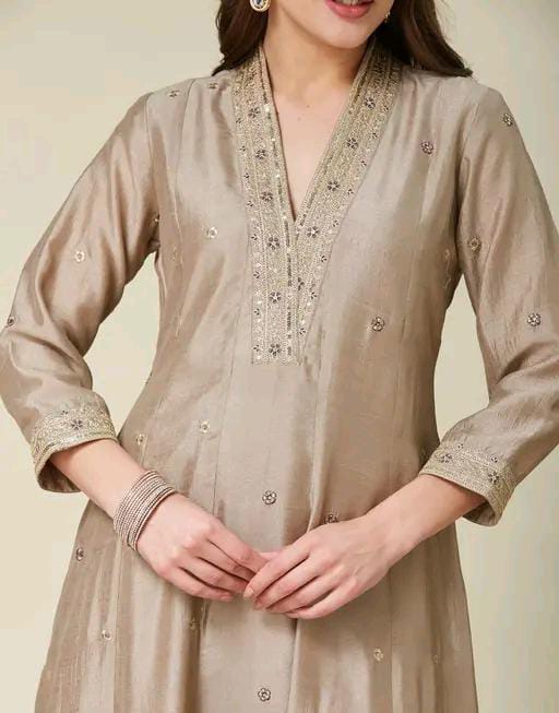 Silk Kurti Set with Floral Embroidery and Lace Detail