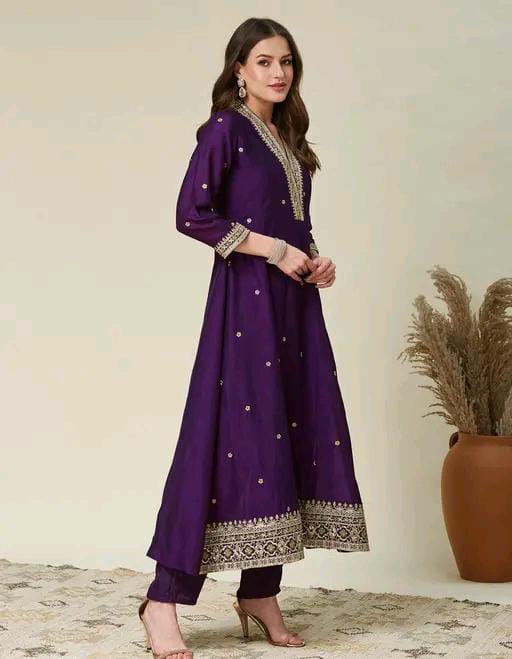 Silk Kurti Set with Floral Embroidery and Lace Detail