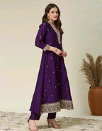 Silk Kurti Set with Floral Embroidery and Lace Detail