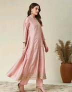 Silk Kurti Set with Floral Embroidery and Lace Detail