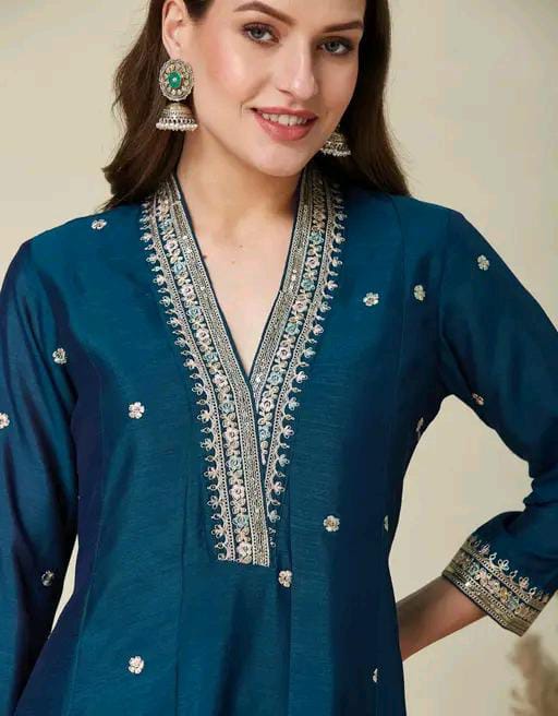 Silk Kurti Set with Floral Embroidery and Lace Detail