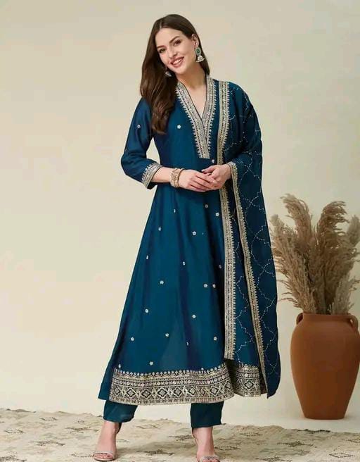 Silk Kurti Set with Floral Embroidery and Lace Detail