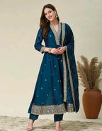Silk Kurti Set with Floral Embroidery and Lace Detail