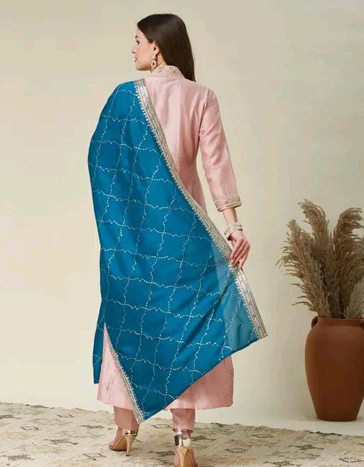 Silk Kurti Set with Floral Embroidery and Lace Detail