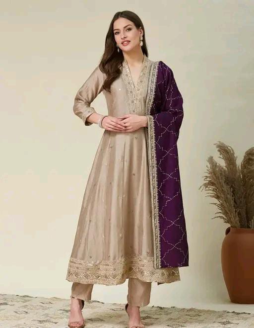 Silk Kurti Set with Floral Embroidery and Lace Detail