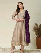 Silk Kurti Set with Floral Embroidery and Lace Detail