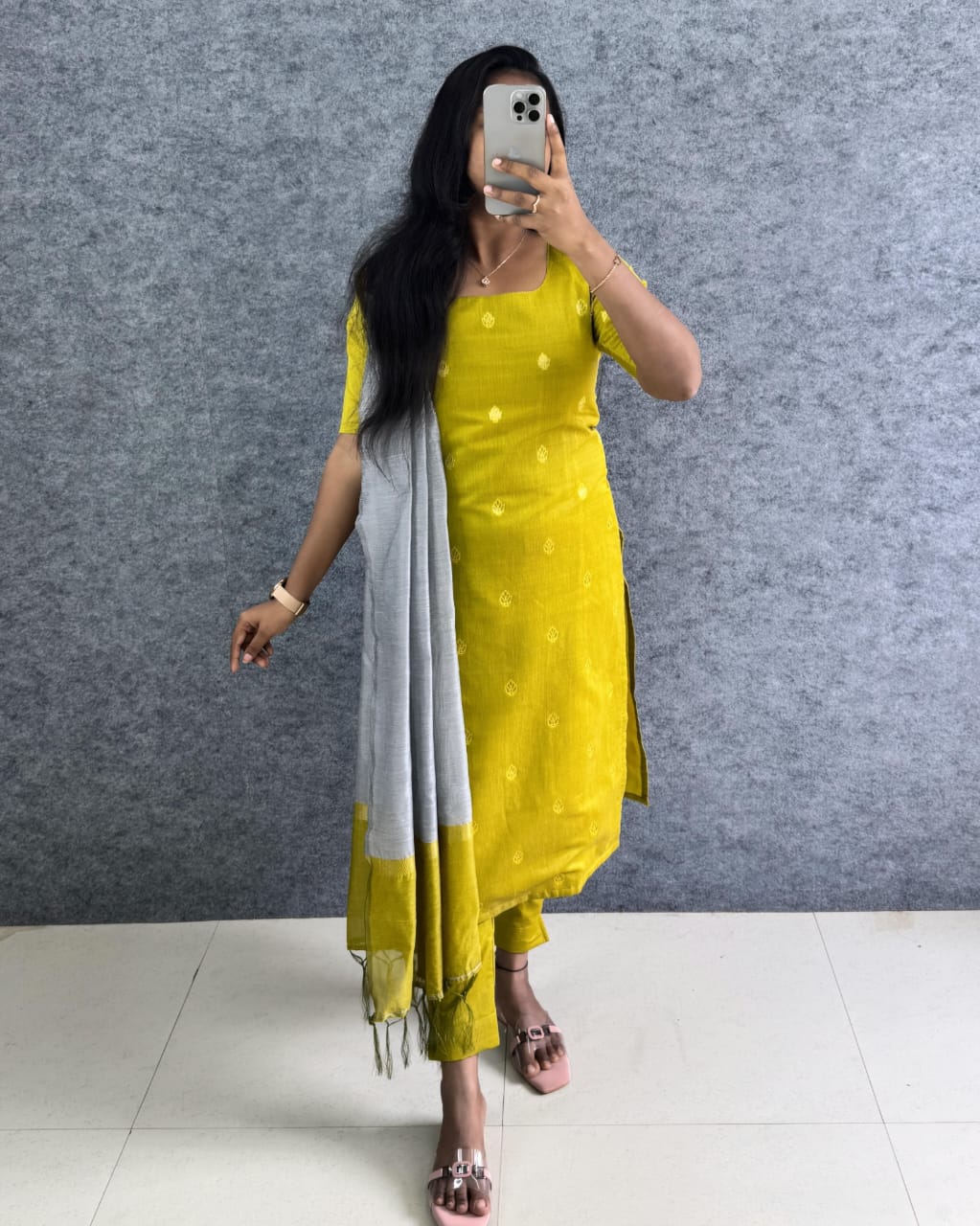 Premium Silk cotton Kurti adorned with Elegant Zari butta work.