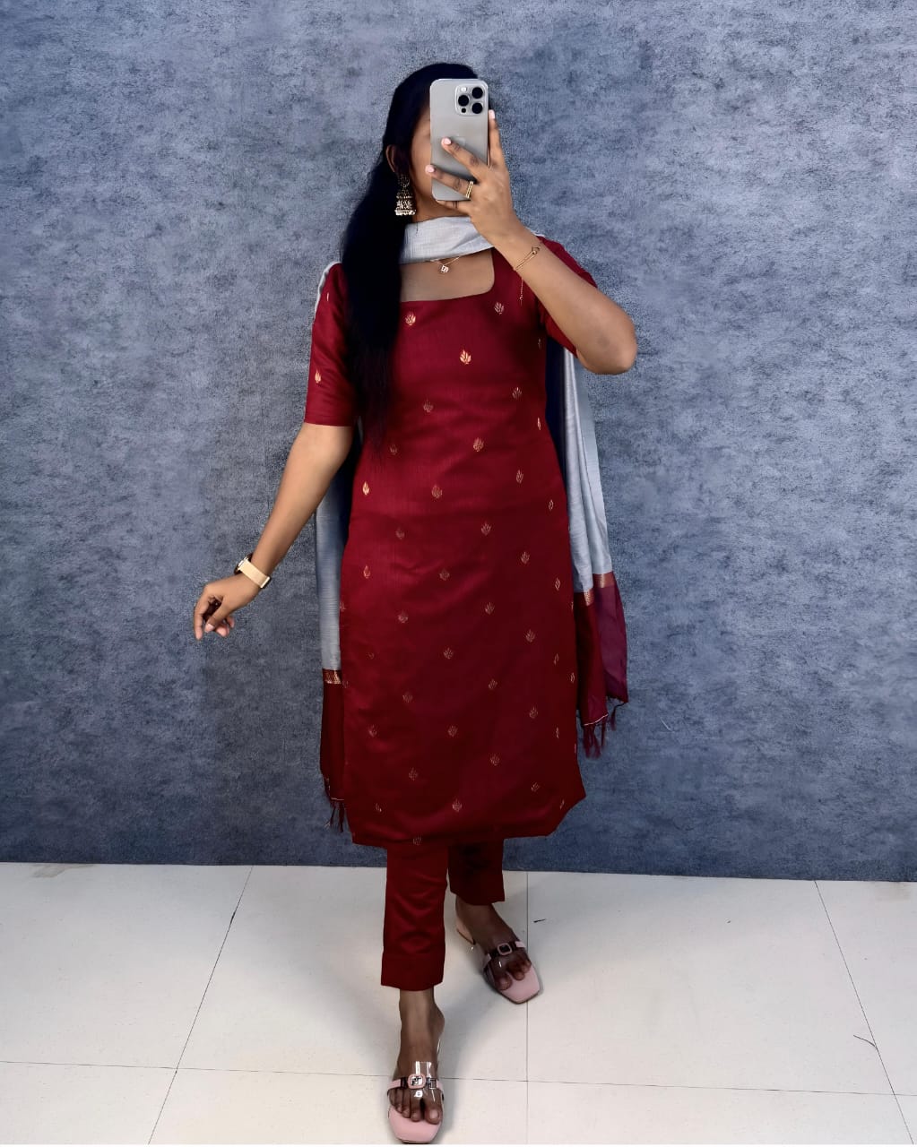 Premium Silk cotton Kurti adorned with Elegant Zari butta work.