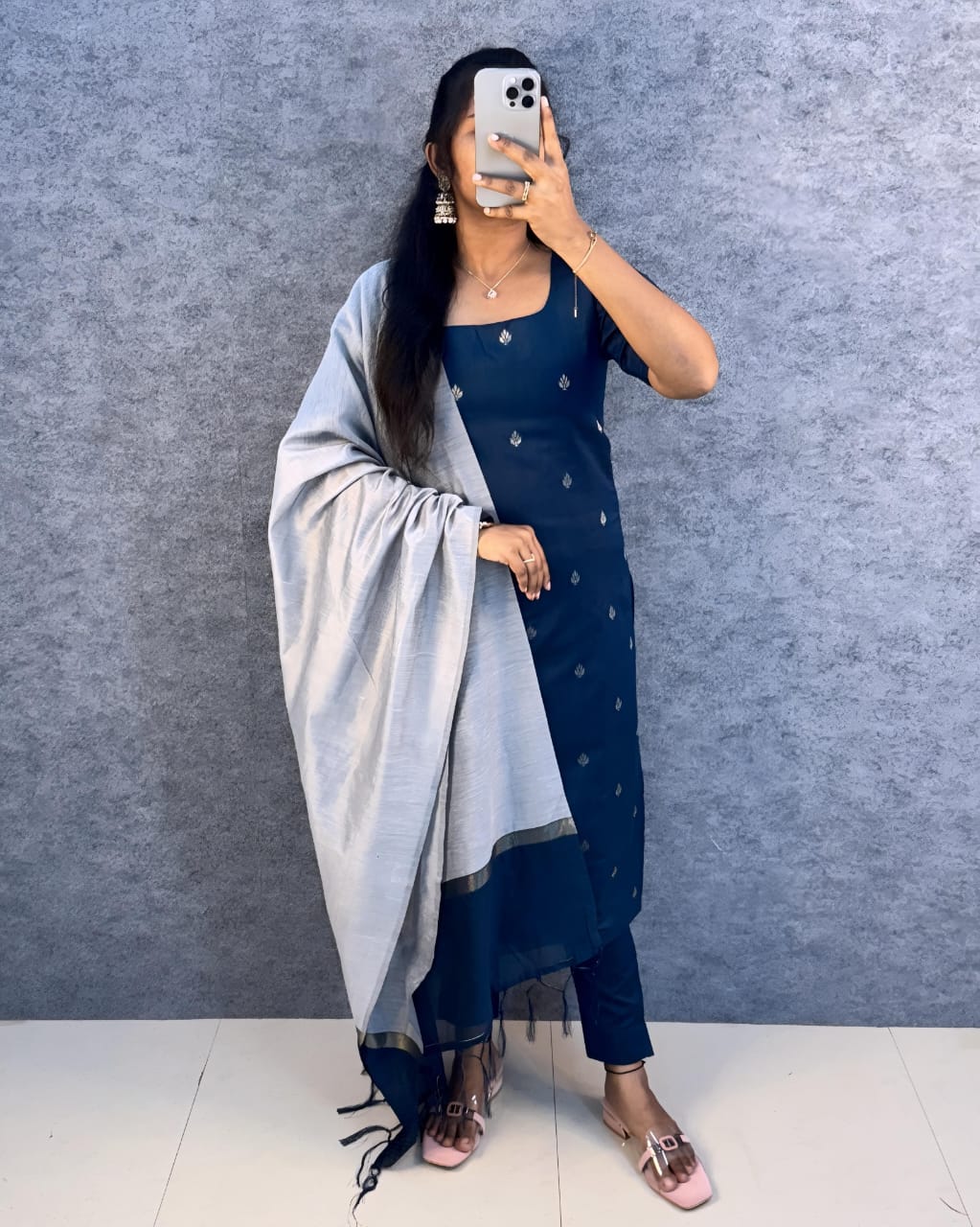 Premium Silk cotton Kurti adorned with Elegant Zari butta work.