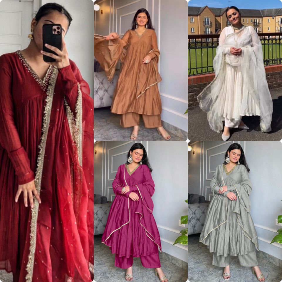 Chinon Silk Anarkali Gown, Dupatta & Bottom Set