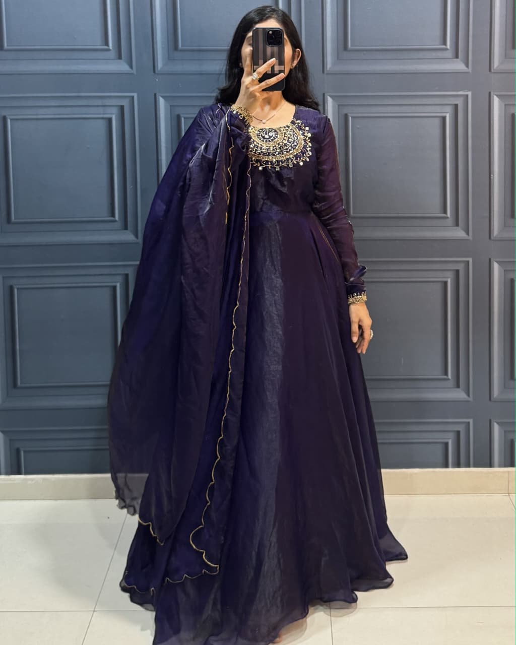 Frendy Silk Modelling Gown with Handwork Neck + Duppatta