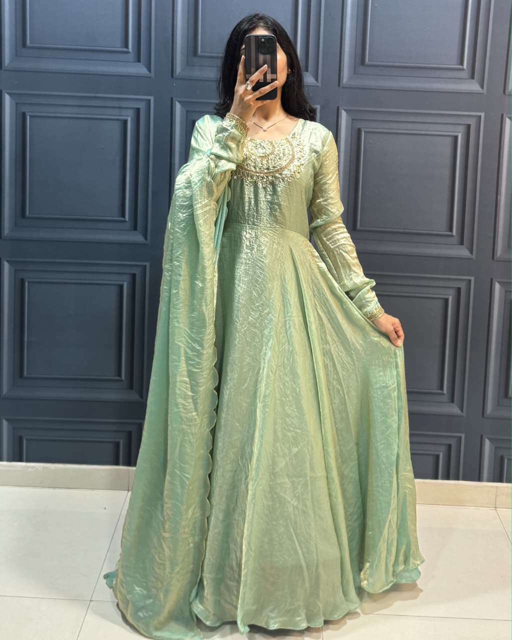 Frendy Silk Modelling Gown with Handwork Neck + Duppatta