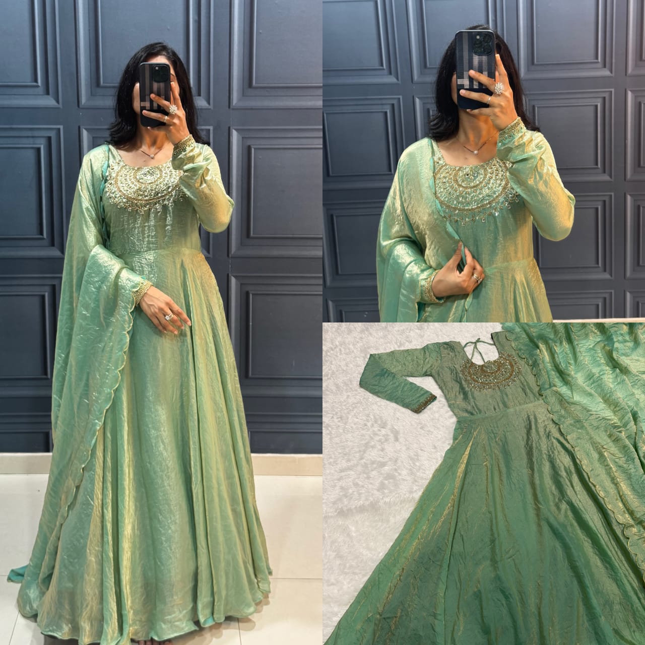 Frendy Silk Modelling Gown with Handwork Neck + Duppatta