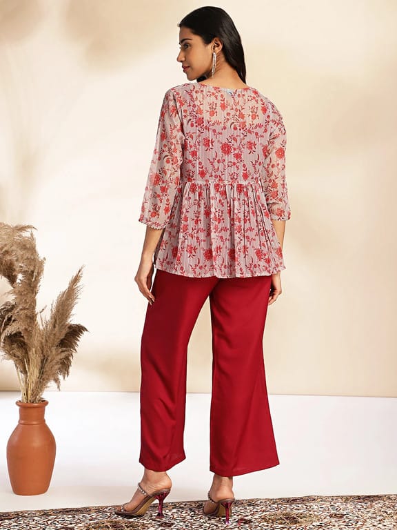 Wine Solid Crop Top with Pant and Jacket