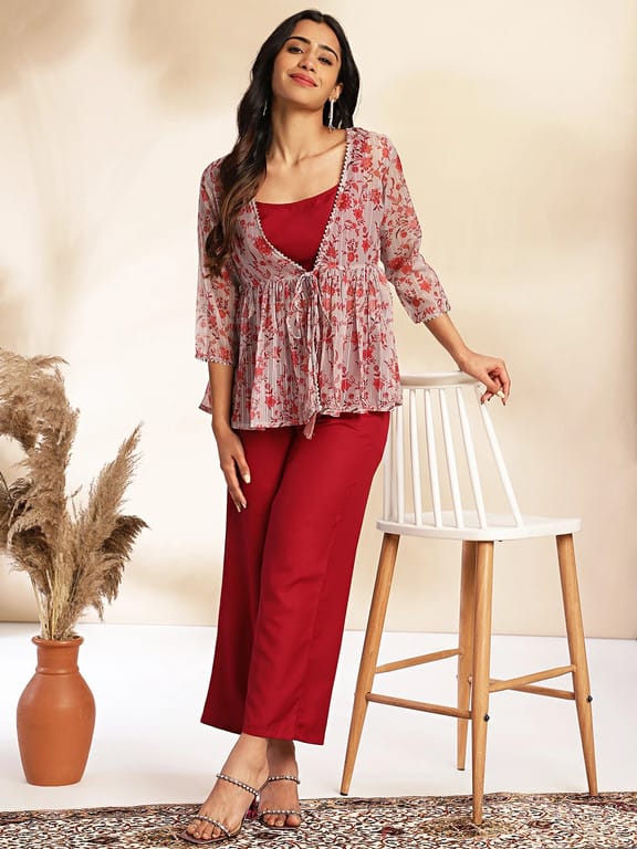 Wine Solid Crop Top with Pant and Jacket