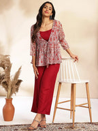 Wine Solid Crop Top with Pant and Jacket