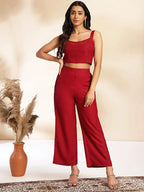 Wine Solid Crop Top with Pant and Jacket
